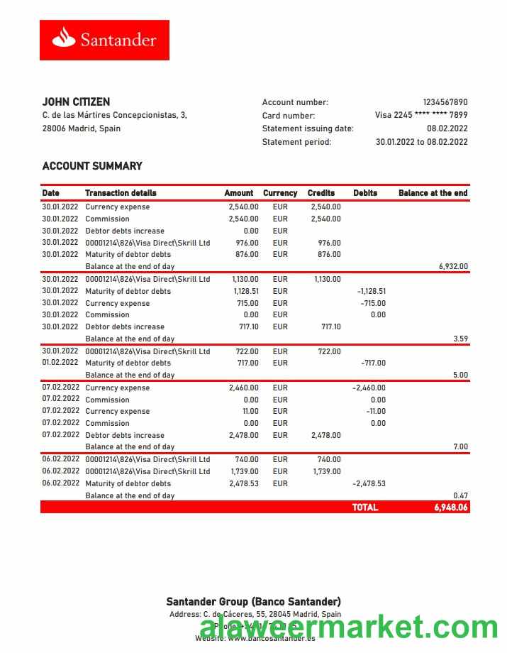 Spain Santander bank statement xls